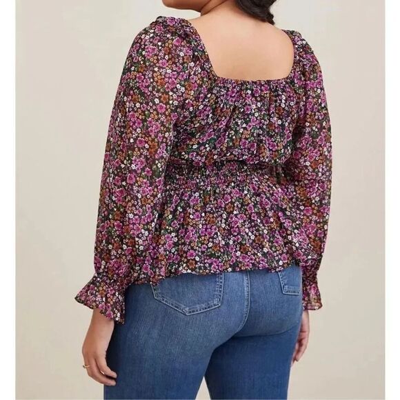 Torrid Beautiful Black Purple Floral Print Smocked Chiffon Top - 4x - Picture 2 of 6